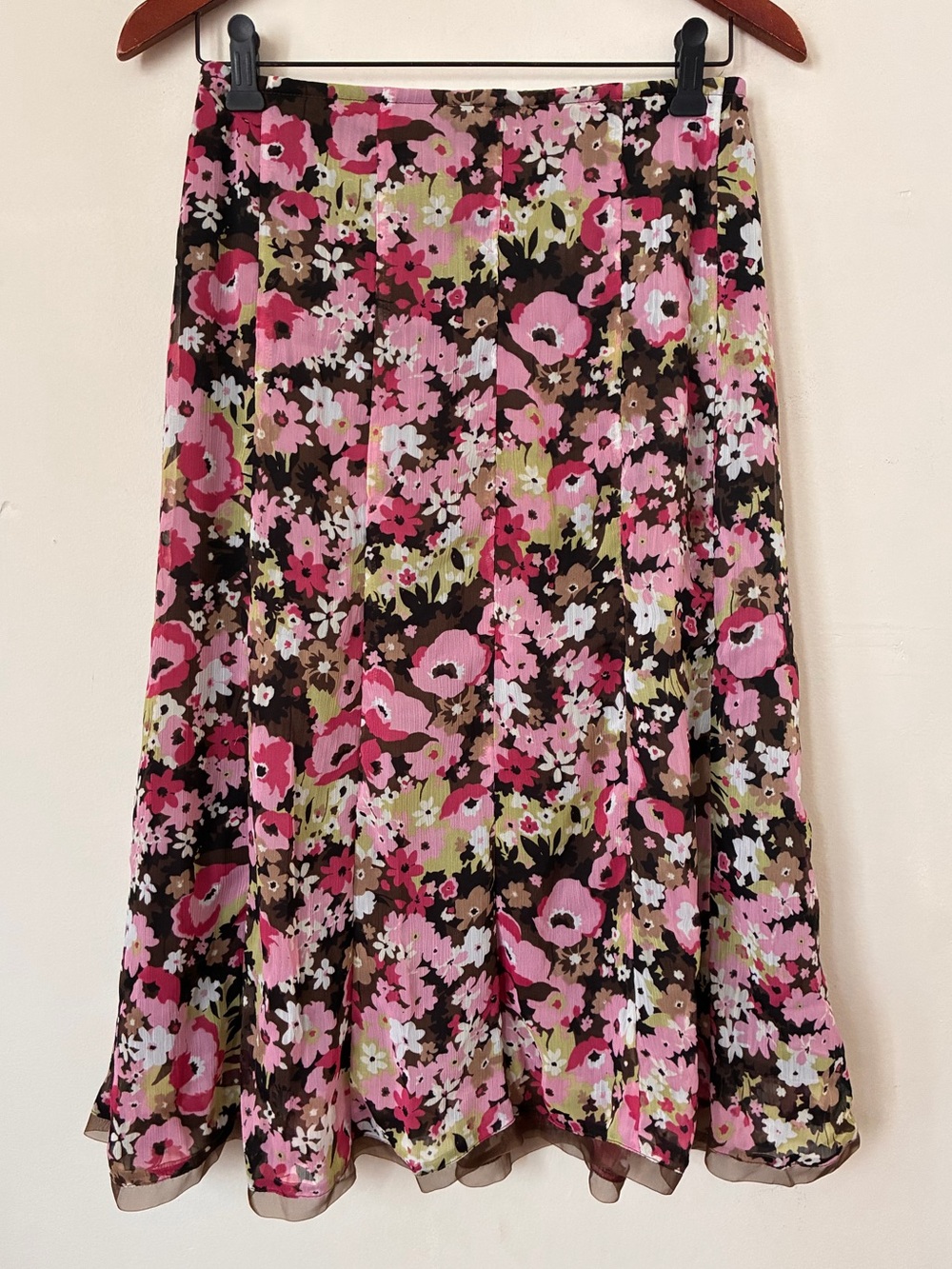 Requirements VTG Pink Brown Floral Chiffon Midi Skirt Size 12 Boho Romantic Fall
